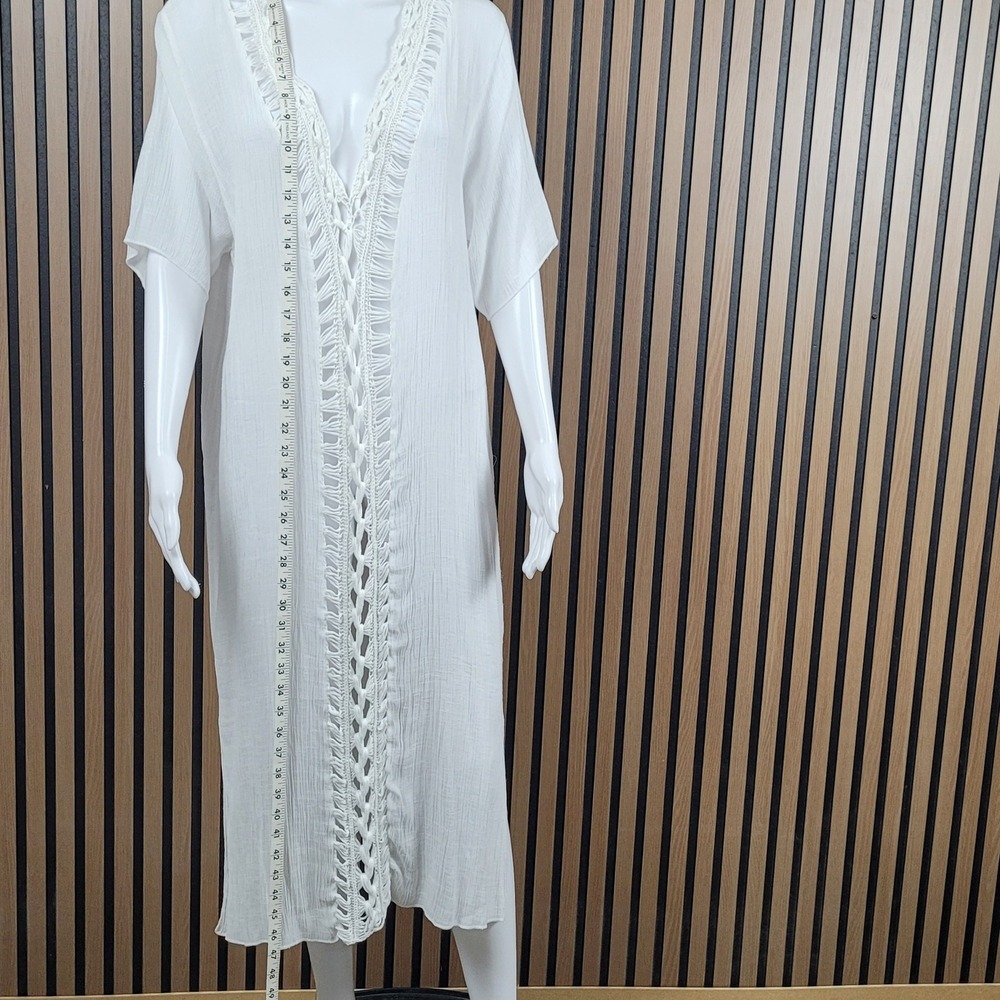 White Swim Cover Up Dress Crochet Lace V-Neck White Midi 0XL - Picture 3 of 9